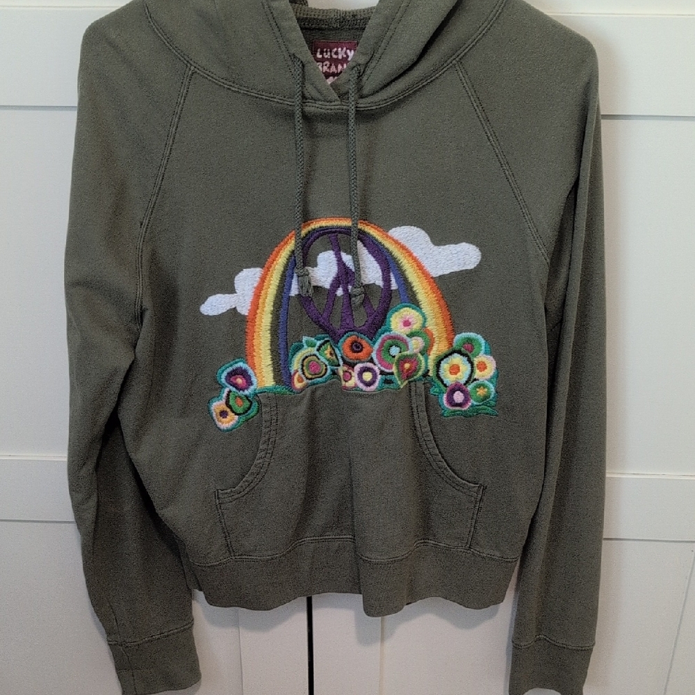 Lucky Brand Green Hoodie with Colorful Embroidery